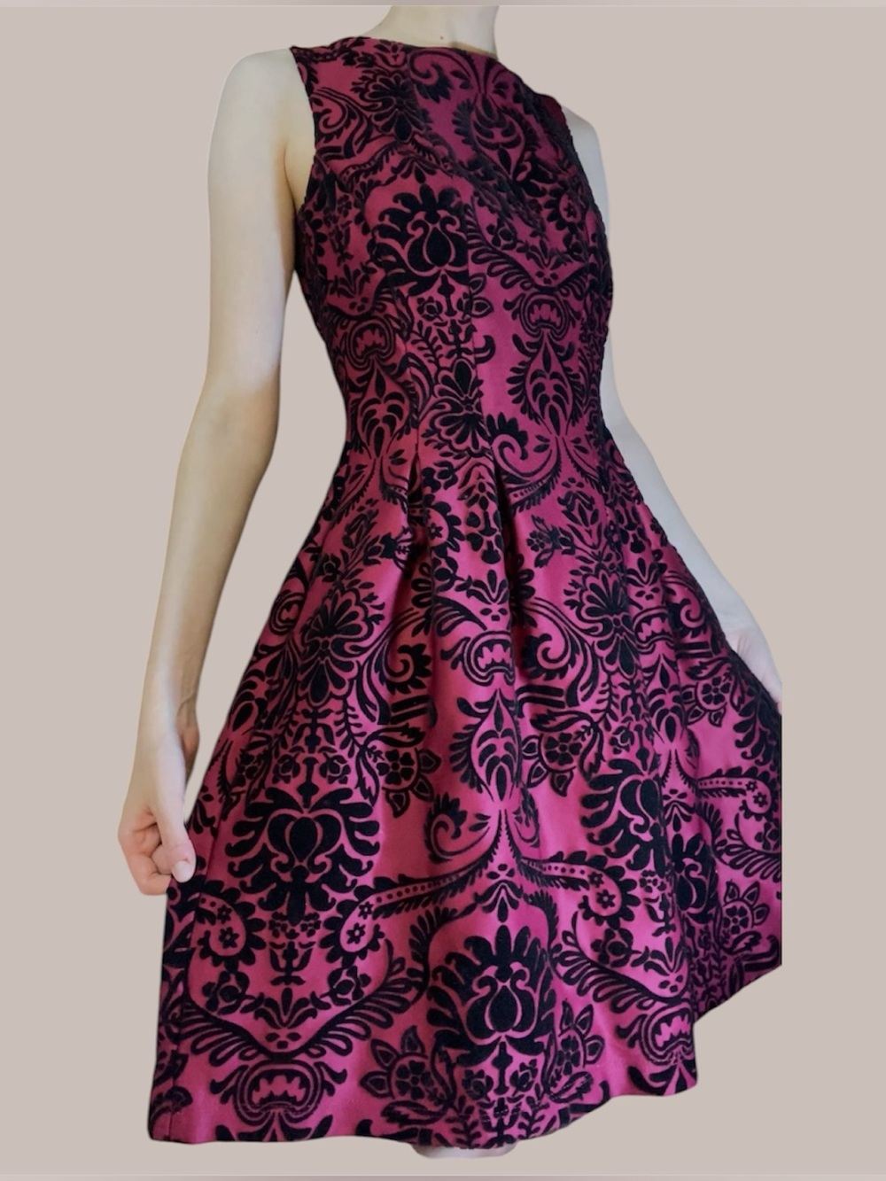 Sleeveless Red and Black Flocked Fit-and-Flare Dress